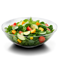 A refreshing and light salad in a deep, clear glass bowl, featuring a mix of fresh greens, vegetables, png