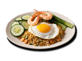 Nasi Goreng Fragrant wok fried rice with shrimp chicken and vegetables topped with fried egg png