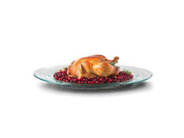 Turkey dinner sliced with stuffing and cranberry sauce on a large transparent glass platter festive png