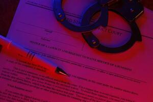 District court Notice of the lawsuit and request to waive service of a summons. Papers with handcuffs and blue pen on table photo