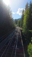 FPV drone is flying fast forward over railway track. Canada video