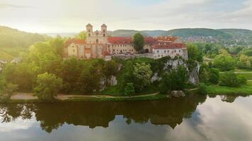 Aerial view of Benedictine abbey in Tyniec, Poland at dawn. video