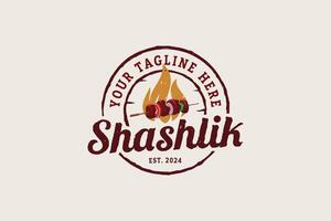 shashlik logo with a combination of a shashlik and fire in the form of an emblem for cafes, restaurants, food trucks, etc. vector