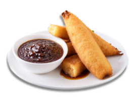 Fried Cassava crispy and addictive snack of fried cassava served with side of tangy tamarind png