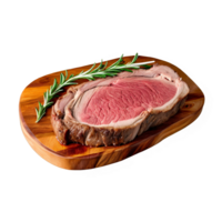 Prime rib roast bone in medium rare garnished with rosemary top down view png