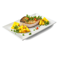 Grilled swordfish steak char marks mango salsa lime wedge cilantro garnish Culinary and Food concept png