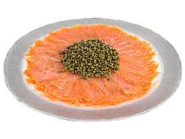 Smoked salmon thinly sliced and fanned out with capers and onions on a transparent glass png