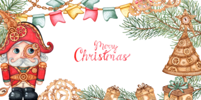 Nutcracker in steampunk style with fir branches and golden Christmas tree, watercolor illustration. A figurine of a man with a large head and a smiling face cracking nuts. Banner isolated background. png