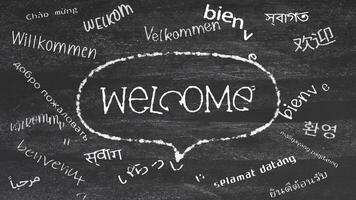 Welcome in different international language write on chalkboard animation video