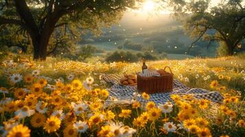 A sunny picnic scene in a picturesque meadow, a basket of delicious food, and butterflies fluttering around photo