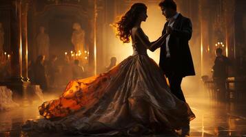 A couple dancing in a grand ballroom, dressed in elegant attire with flowing gowns and suits photo