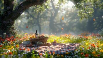A sunny picnic scene in a picturesque meadow, a basket of delicious food, and butterflies fluttering around photo