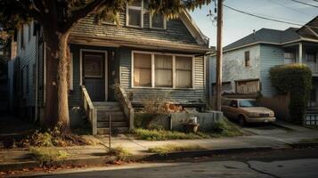 An old house sitting on side of the street photo
