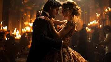 A couple dancing in a grand ballroom, dressed in elegant attire with flowing gowns and suits photo
