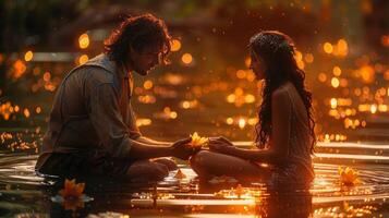 A magical garden setting where a couple sitting together amidst blooming flowers, fairy lights, and a tranquil pond photo