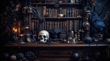 Dark gothic bookshelf with scull and crows photo