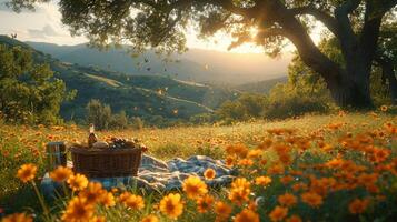 A sunny picnic scene in a picturesque meadow, a basket of delicious food, and butterflies fluttering around photo