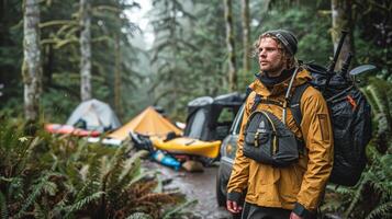 Man with backpack for hiking mountain, travel or sightseeing photo