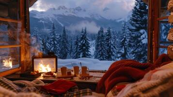 Cozy winter cabin retreat, a crackling fireplace, surrounded by snow-covered pine trees outside, warm blankets, and mugs of hot cocoa photo