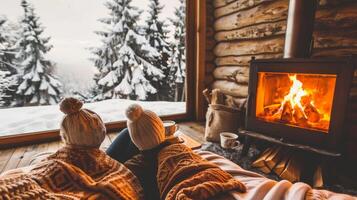 Cozy winter cabin retreat with a couple sitting by a crackling fireplace, surrounded by snow-covered pine trees outside, warm blankets, and mugs of hot cocoa photo