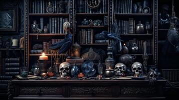 Dark gothic bookshelf with scull and crows photo