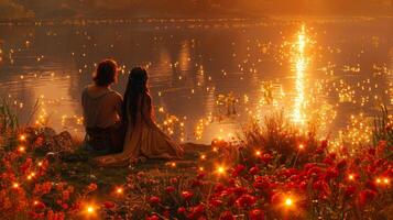 A magical garden setting where a couple sitting together amidst blooming flowers, fairy lights, and a tranquil pond photo