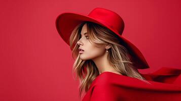 Beautiful woman in a red hat photo