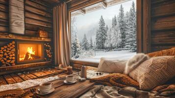 Cozy winter cabin retreat, a crackling fireplace, surrounded by snow-covered pine trees outside, warm blankets, and mugs of hot cocoa photo