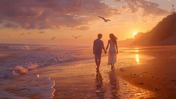 Romantic scene of a couple walking hand in hand along a serene beach at sunset, with soft waves lapping at their feet photo
