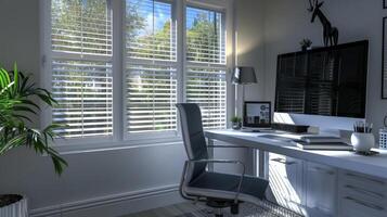 Stylish and modern home office setup with natural light and green plants, showcasing a comfortable and productive remote work environment photo