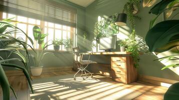 Stylish and modern home office setup with natural light and green plants, showcasing a comfortable and productive remote work environment photo