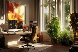 Stylish and modern home office setup with natural light and green plants, showcasing a comfortable and productive remote work environment photo