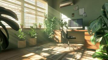 Stylish and modern home office setup with natural light and green plants, showcasing a comfortable and productive remote work environment photo
