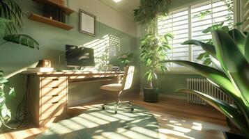 Stylish and modern home office setup with natural light and green plants, showcasing a comfortable and productive remote work environment photo