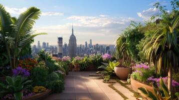 A lush urban rooftop garden with a city skyline in the background, focusing on urban agriculture and green living photo