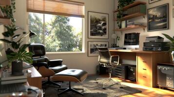 Stylish and modern home office setup with natural light and green plants, showcasing a comfortable and productive remote work environment photo