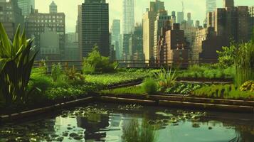 A lush urban rooftop garden with a city skyline in the background, focusing on urban agriculture and green living photo