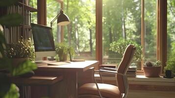 Stylish and modern home office setup with natural light and green plants, showcasing a comfortable and productive remote work environment photo