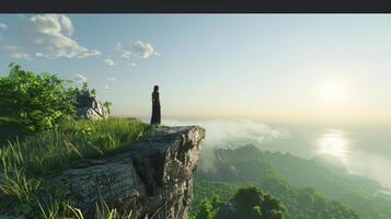 A person standing at the edge of a cliff, overlooking a majestic landscape photo