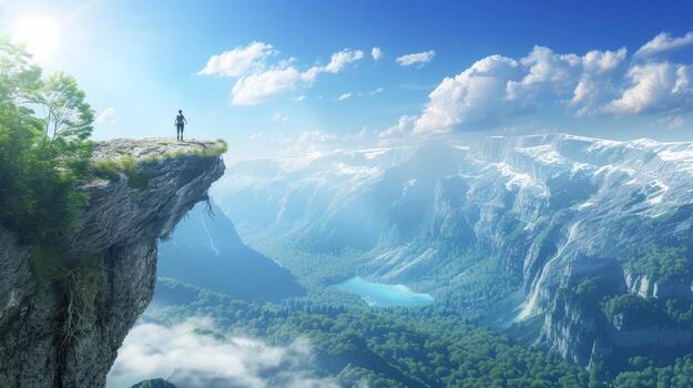 A person standing at the edge of a cliff, overlooking a majestic landscape photo