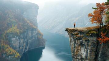 A person standing at the edge of a cliff, overlooking a majestic landscape photo