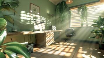 Stylish and modern home office setup with natural light and green plants, showcasing a comfortable and productive remote work environment photo