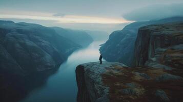 A person standing at the edge of a cliff, overlooking a majestic landscape photo