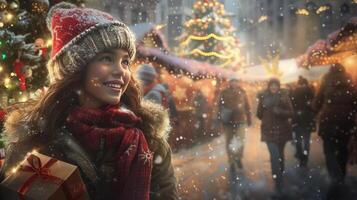 People celebrating a winter holiday with decorations and joyous expressions photo