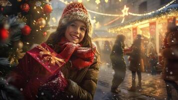 People celebrating a winter holiday with decorations and joyous expressions photo