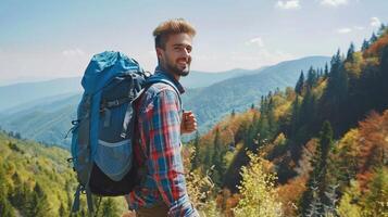 Happy man with backpack for hiking mountain, travel or sightseeing photo