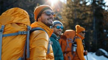 Happy man with friends with backpack for hiking mountain, travel or sightseeing photo