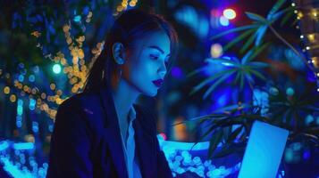 Attractive young woman in formal suit, using laptop computer having conversation on call photo