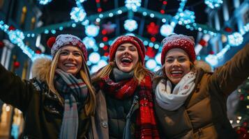 People celebrating a winter holiday with decorations and joyous expressions photo