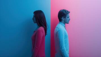 Young couple with relationship in trouble. Man and woman standing back to back yet separated photo